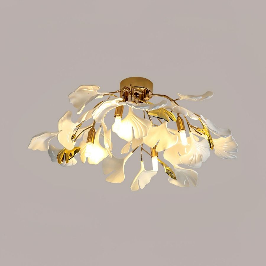 Ceramic Ginkgo Leaf Flushmount Ceiling Lamp Gold White Finish