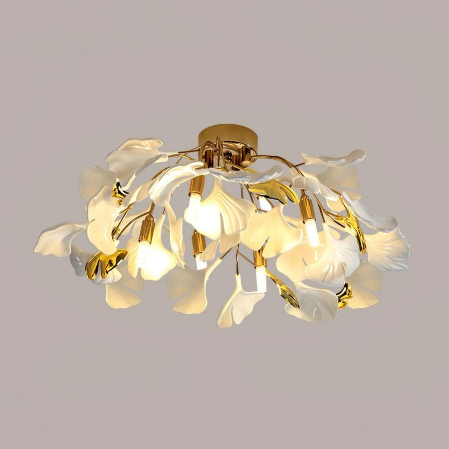 Ceramic Ginkgo Leaf Flushmount Ceiling Lamp Gold White Finish
