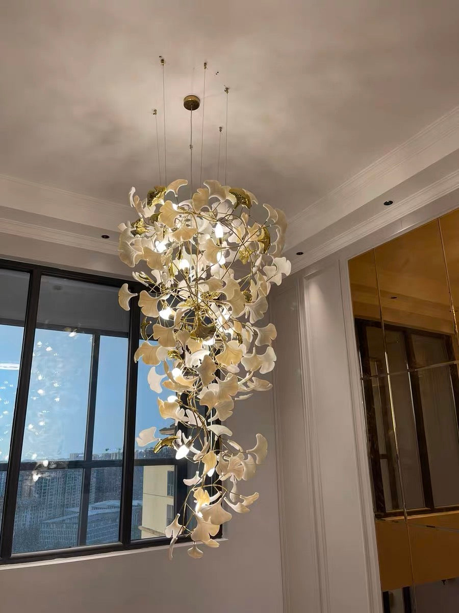 Extra Large Ceramics Ginkgo Leaves Twig Chandelier for High Ceiling Living Room/Hotel Hall