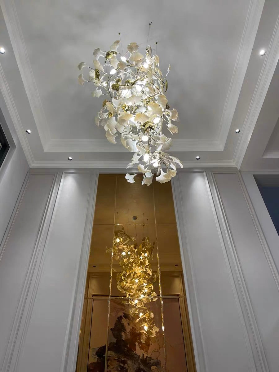 Extra Large Ceramics Ginkgo Leaves Twig Chandelier for High Ceiling Living Room/Hotel Hall