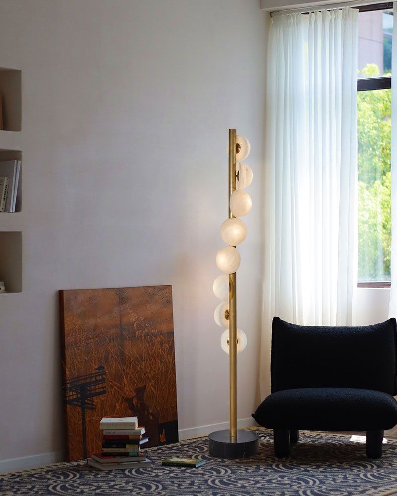 Vertical Antique Alabaster Globes in semi-flush fixtures Standing Marble Floor lamp