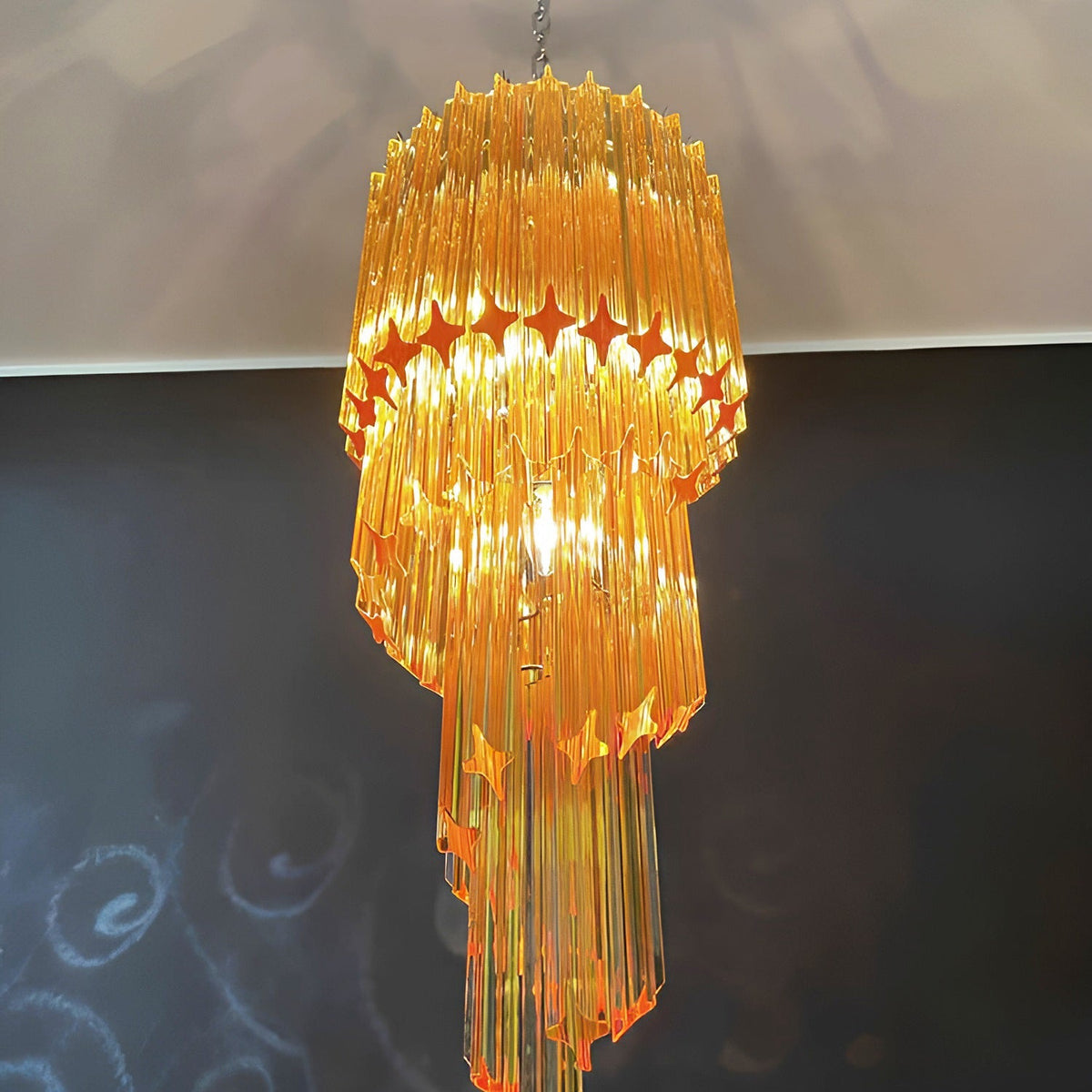 Chandelier Spiral Prism Glass Hand-Cut Faceted Prisms Nickel Frame Pink Amber