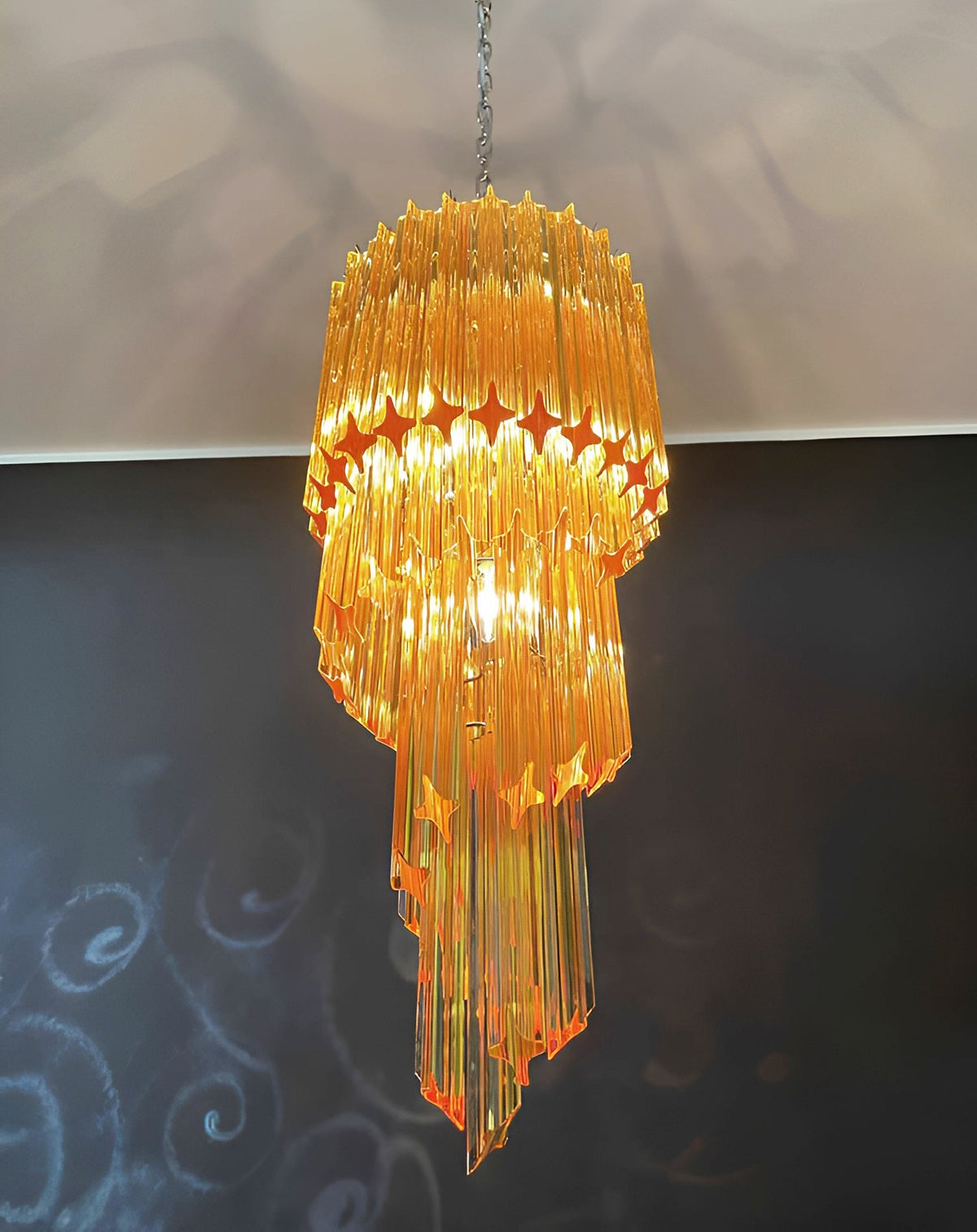 Chandelier Spiral Prism Glass Hand-Cut Faceted Prisms Nickel Frame Pink Amber