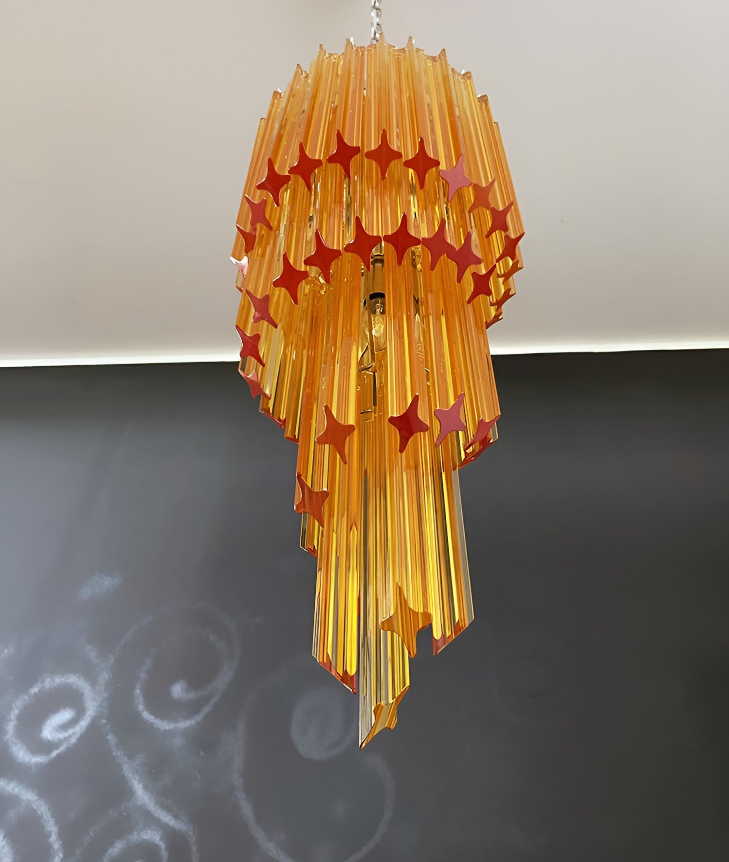 Chandelier Spiral Prism Glass Hand-Cut Faceted Prisms Nickel Frame Pink Amber