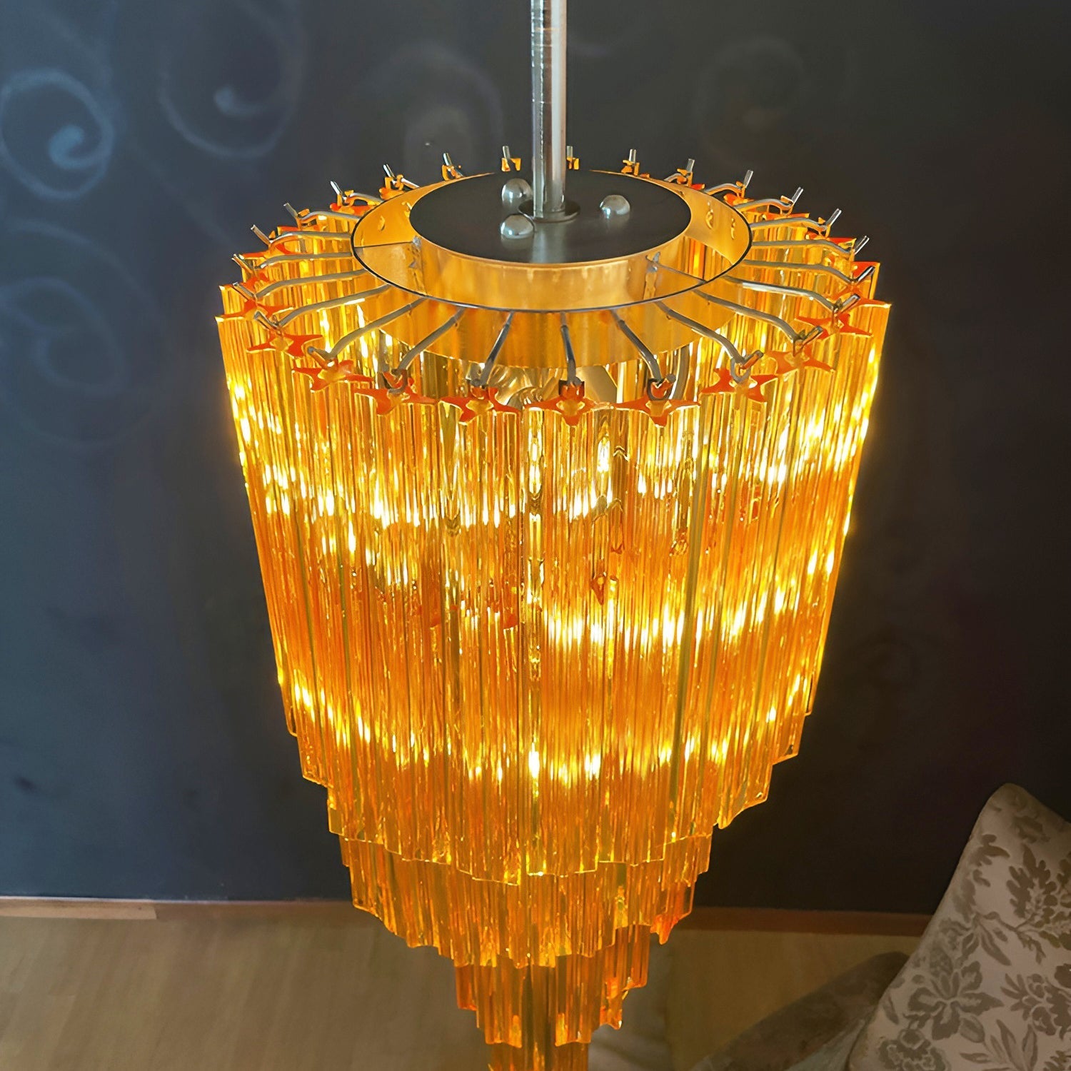 Chandelier Spiral Prism Glass Hand-Cut Faceted Prisms Nickel Frame Pink Amber