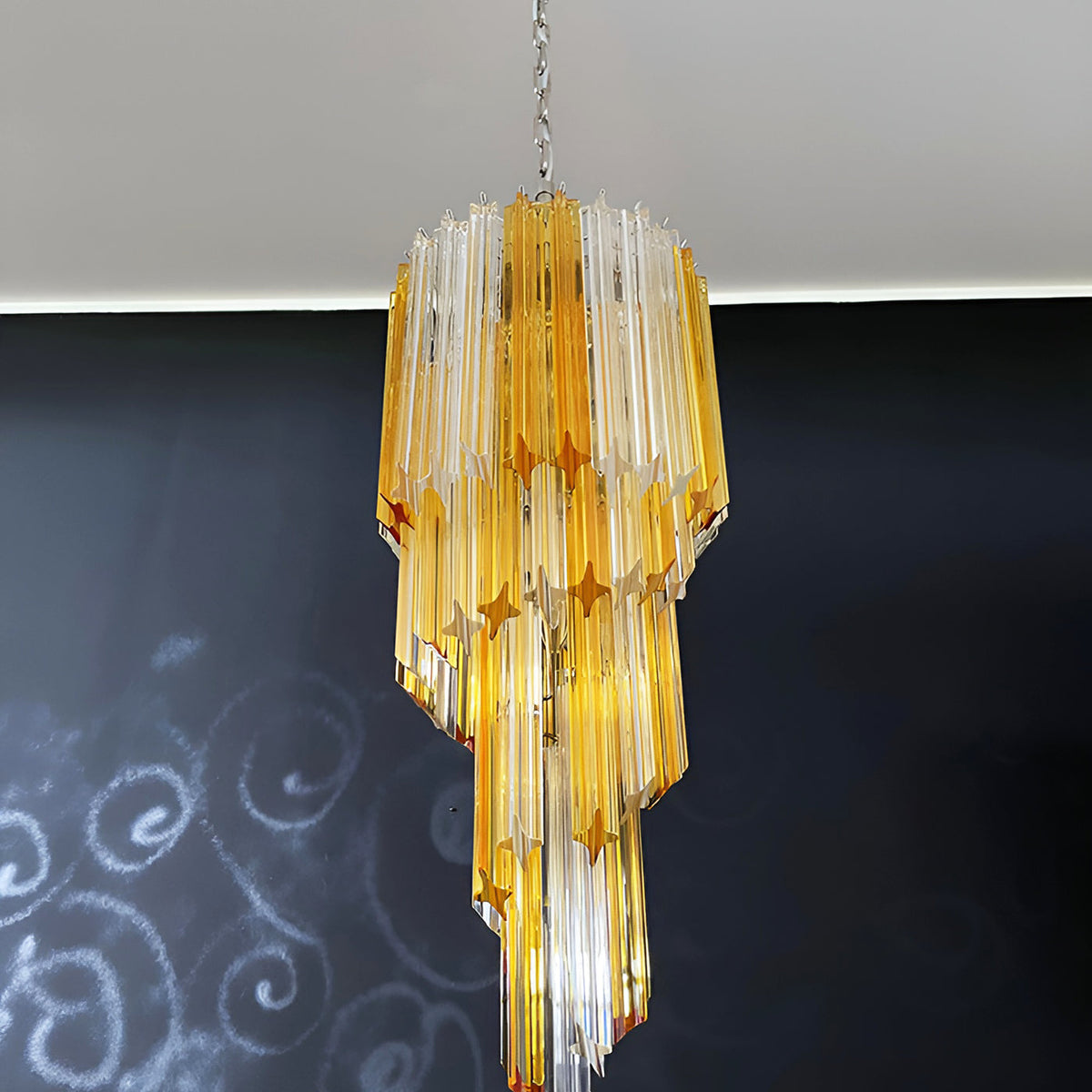 Chandelier Spiral Prism Glass Hand-Cut Faceted Prisms Nickel Frame Pink Amber