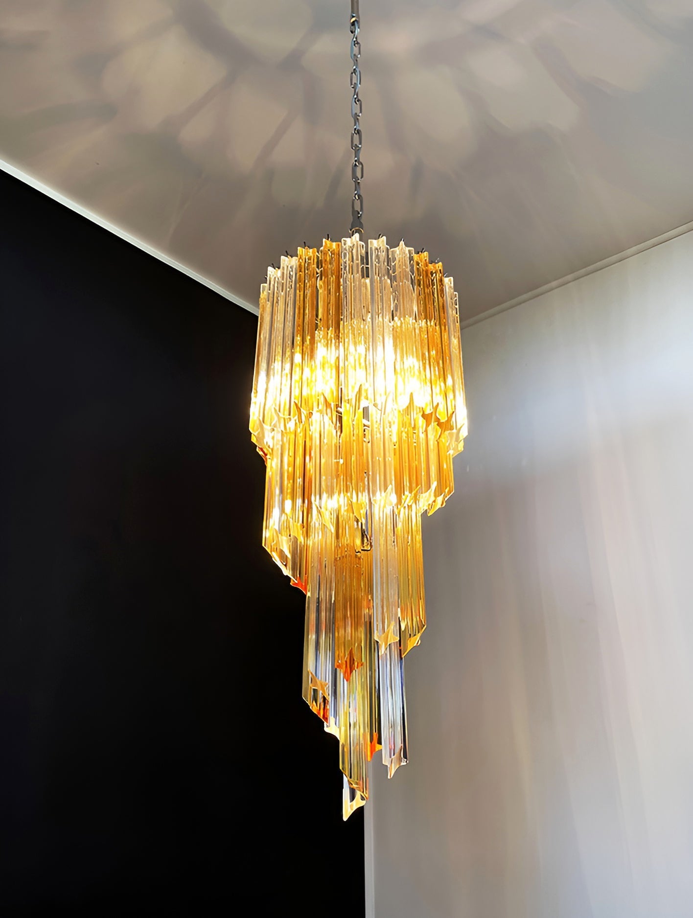 Chandelier Spiral Prism Glass Hand-Cut Faceted Prisms Nickel Frame Pink Amber