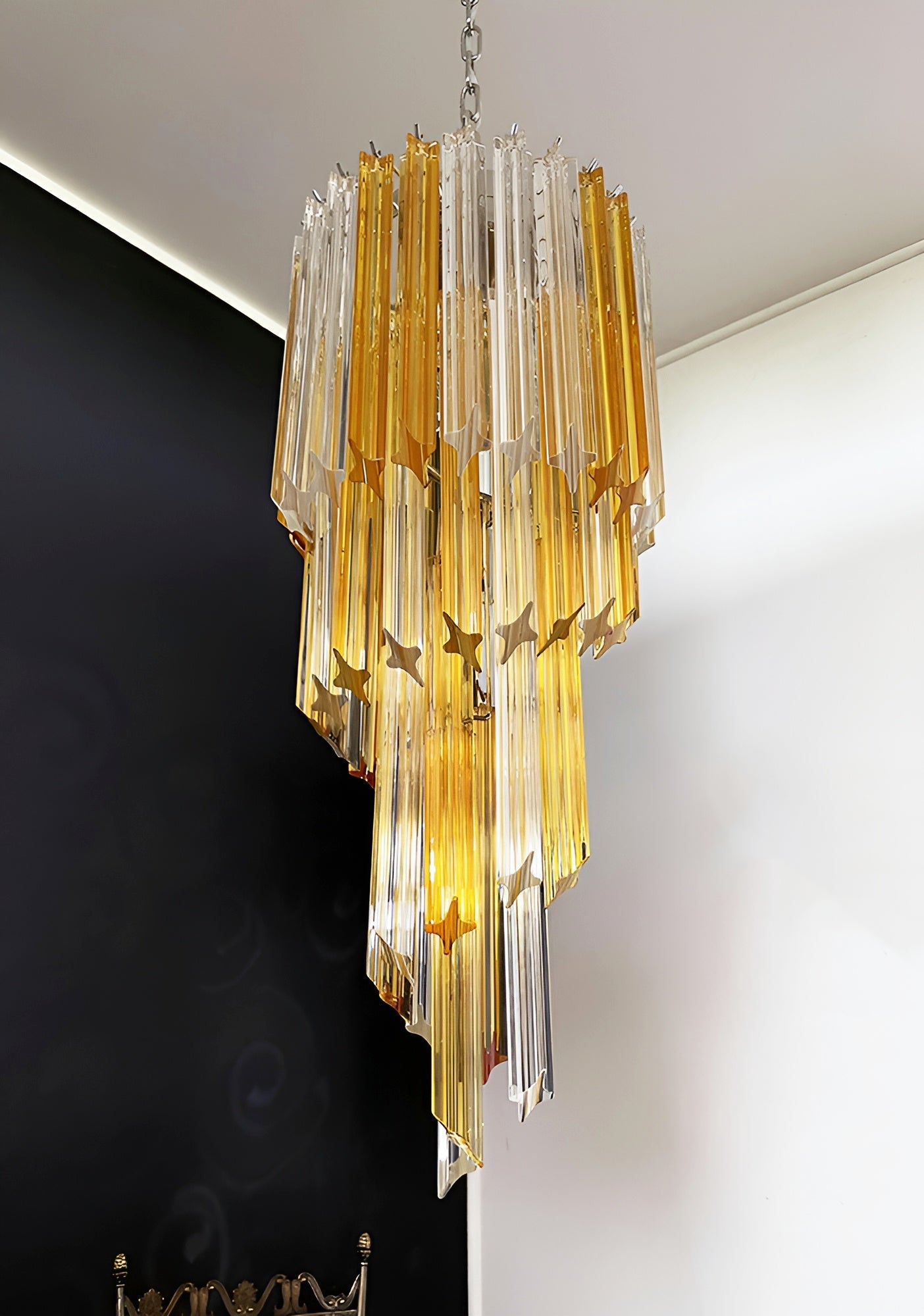 Chandelier Spiral Prism Glass Hand-Cut Faceted Prisms Nickel Frame Pink Amber