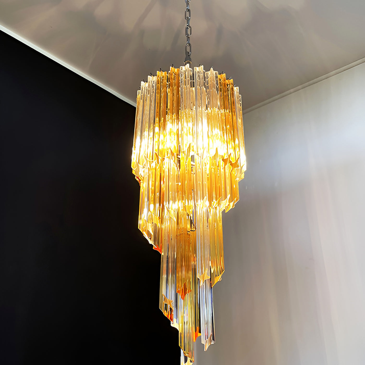Chandelier Spiral Prism Glass Hand-Cut Faceted Prisms Nickel Frame Pink Amber