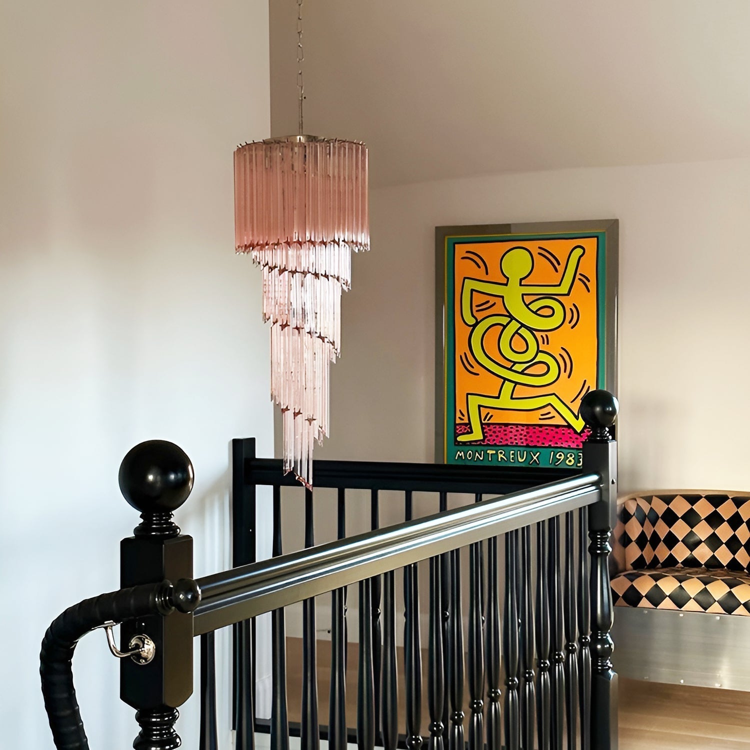 Chandelier Spiral Prism Glass Hand-Cut Faceted Prisms Nickel Frame Pink Amber