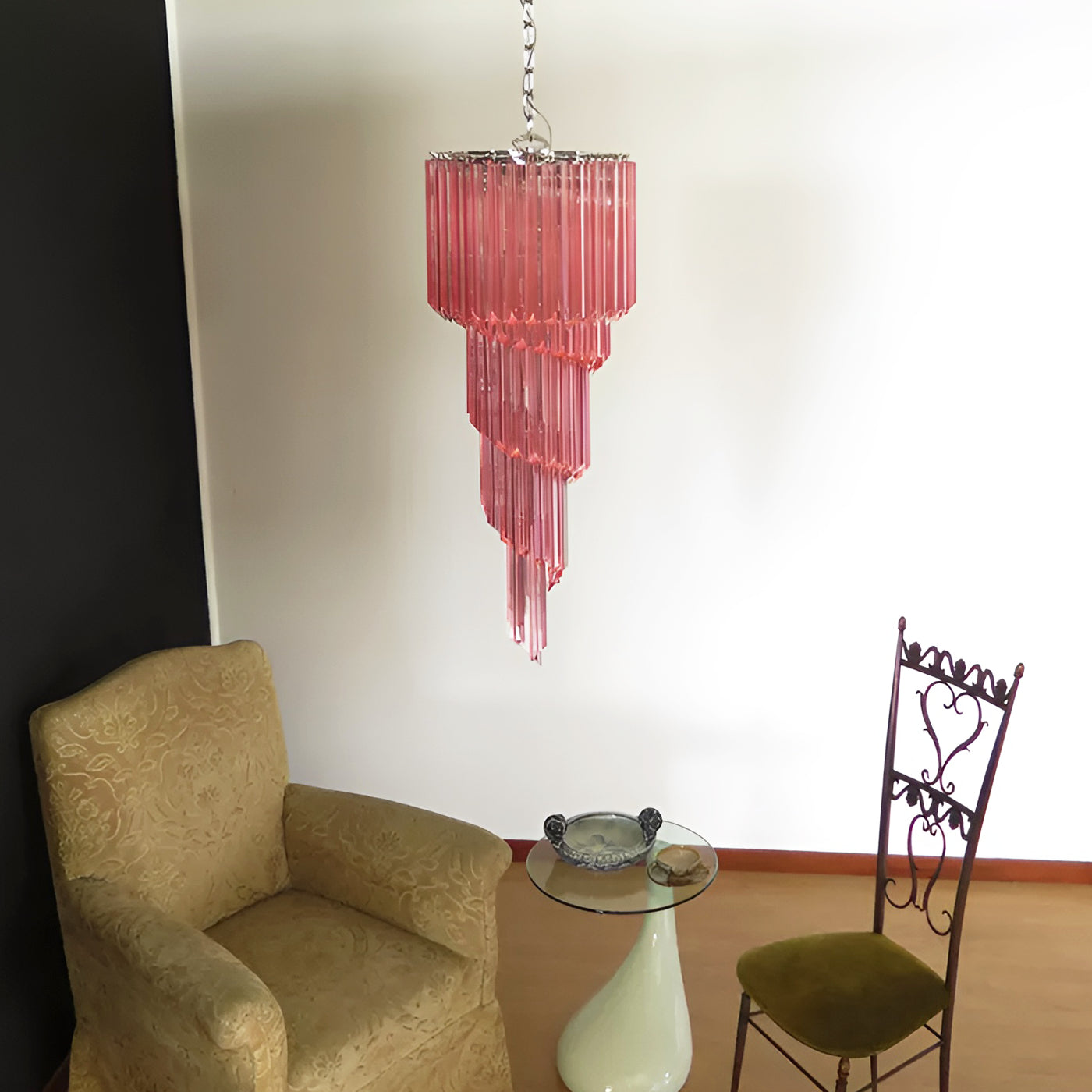 Chandelier Spiral Prism Glass Hand-Cut Faceted Prisms Nickel Frame Pink Amber