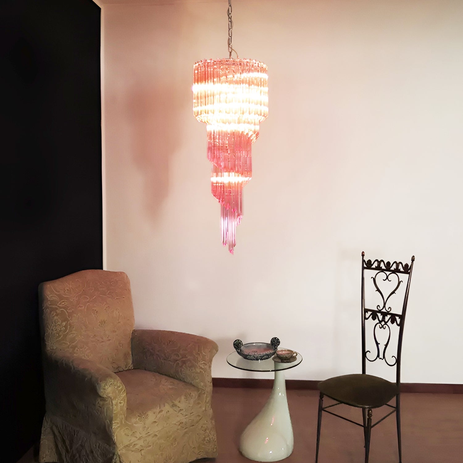 Chandelier Spiral Prism Glass Hand-Cut Faceted Prisms Nickel Frame Pink Amber
