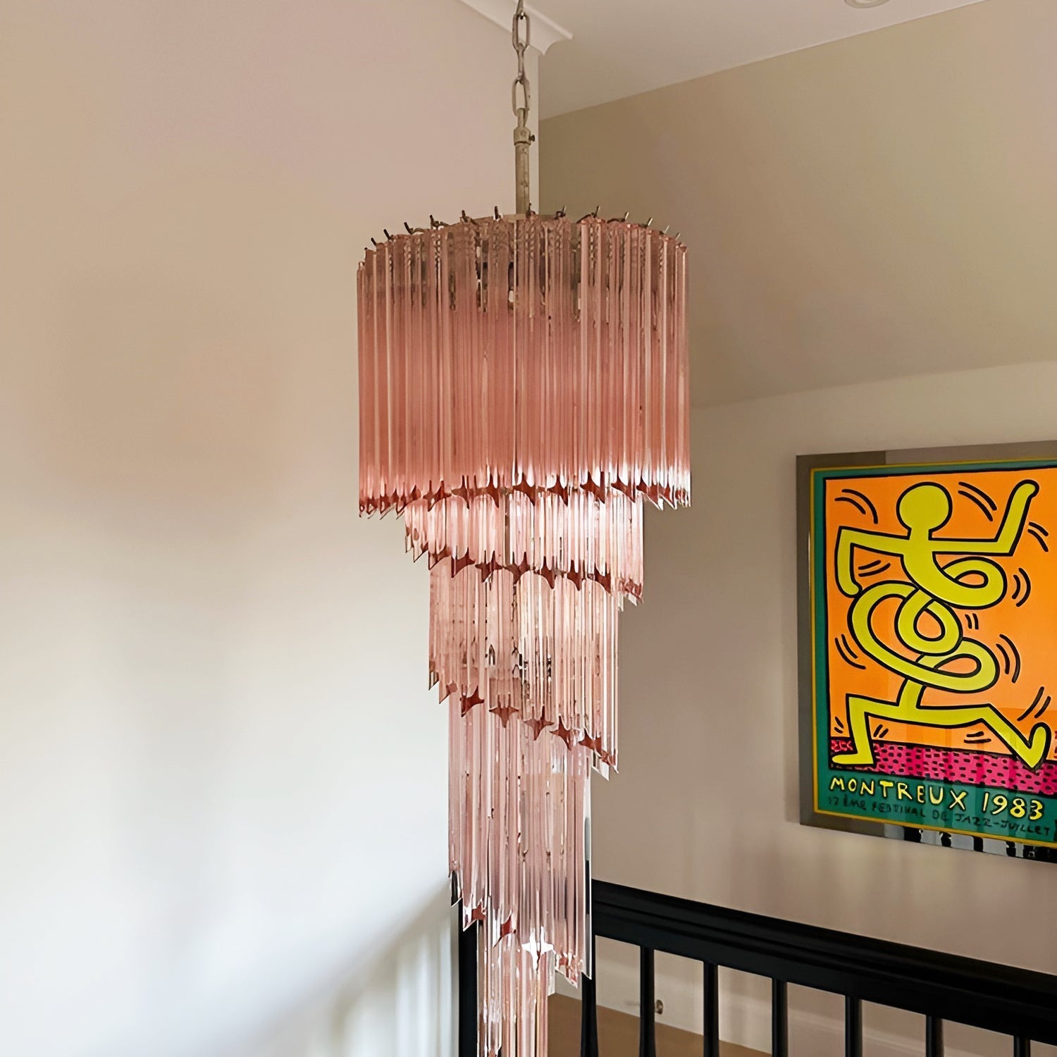Chandelier Spiral Prism Glass Hand-Cut Faceted Prisms Nickel Frame Pink Amber