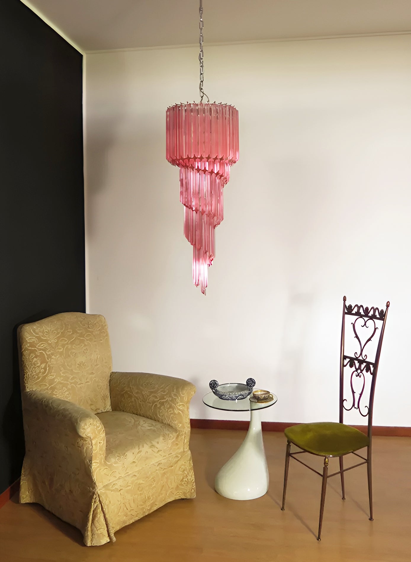 Chandelier Spiral Prism Glass Hand-Cut Faceted Prisms Nickel Frame Pink Amber