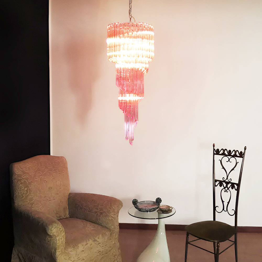 Chandelier Spiral Prism Glass Hand-Cut Faceted Prisms Nickel Frame Pink Amber