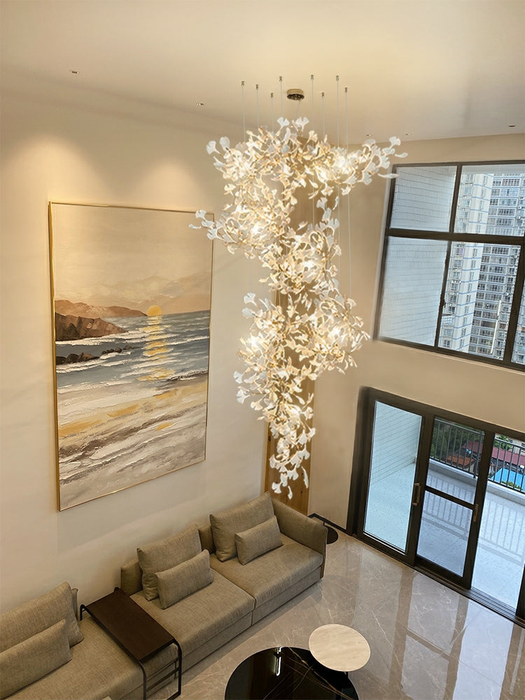 Extra Large Ceramics Ginkgo Leaves Twig Chandelier for High Ceiling Living Room/Hotel Hall