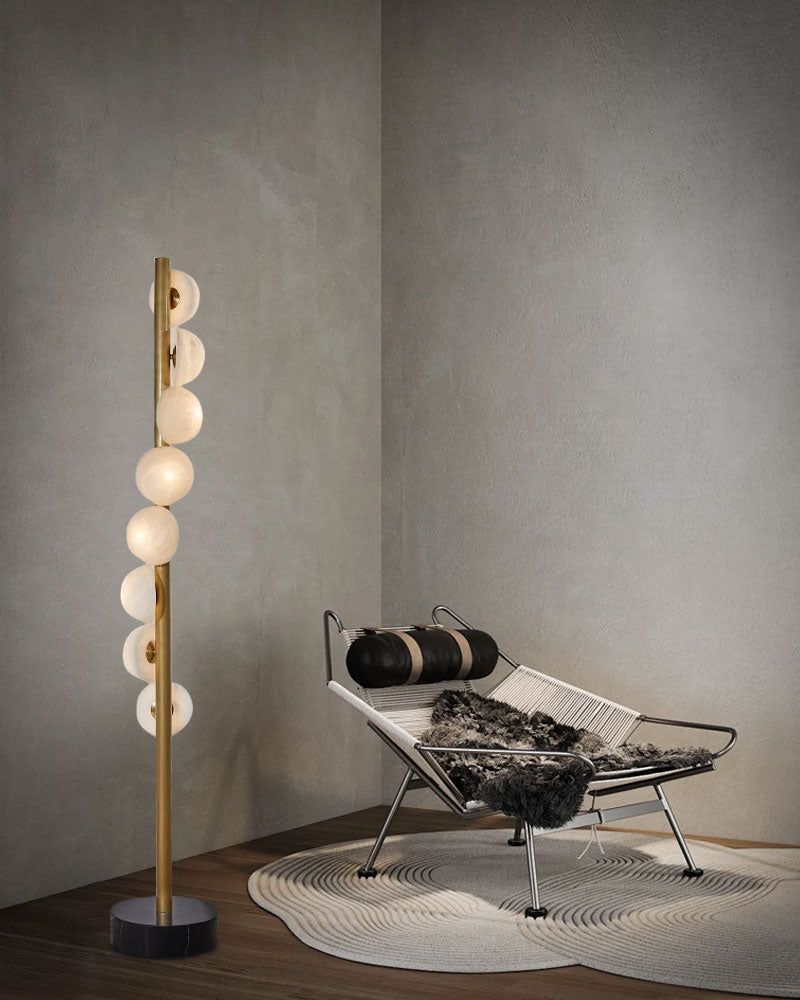 Vertical Antique Alabaster Globes in semi-flush fixtures Standing Marble Floor lamp