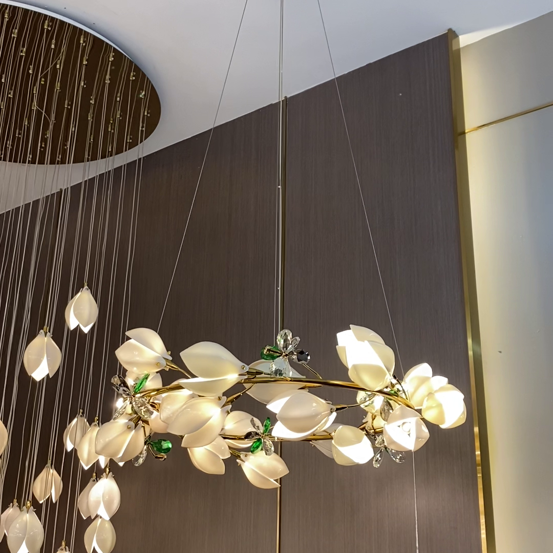 Art Design Creative Ceramic Magnolia Ring/Linear Chandelier for Bedroom/Living Room/Dining Room/Kitchen Island