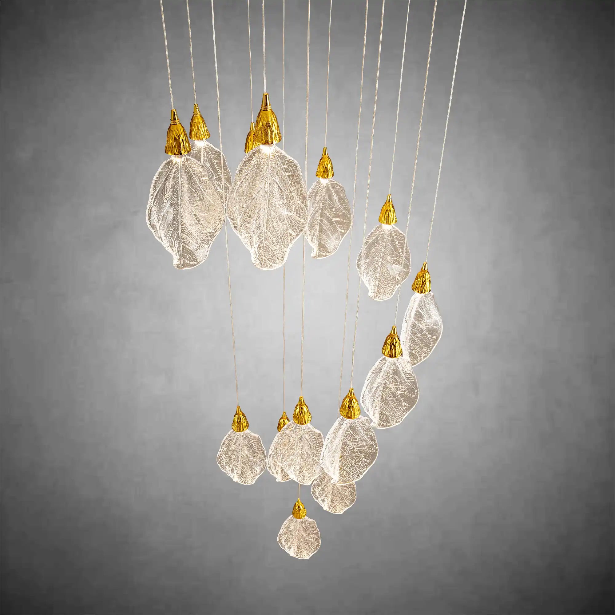 Silver Bionic Leaf 20-Light LED Chandelier for High Ceilings