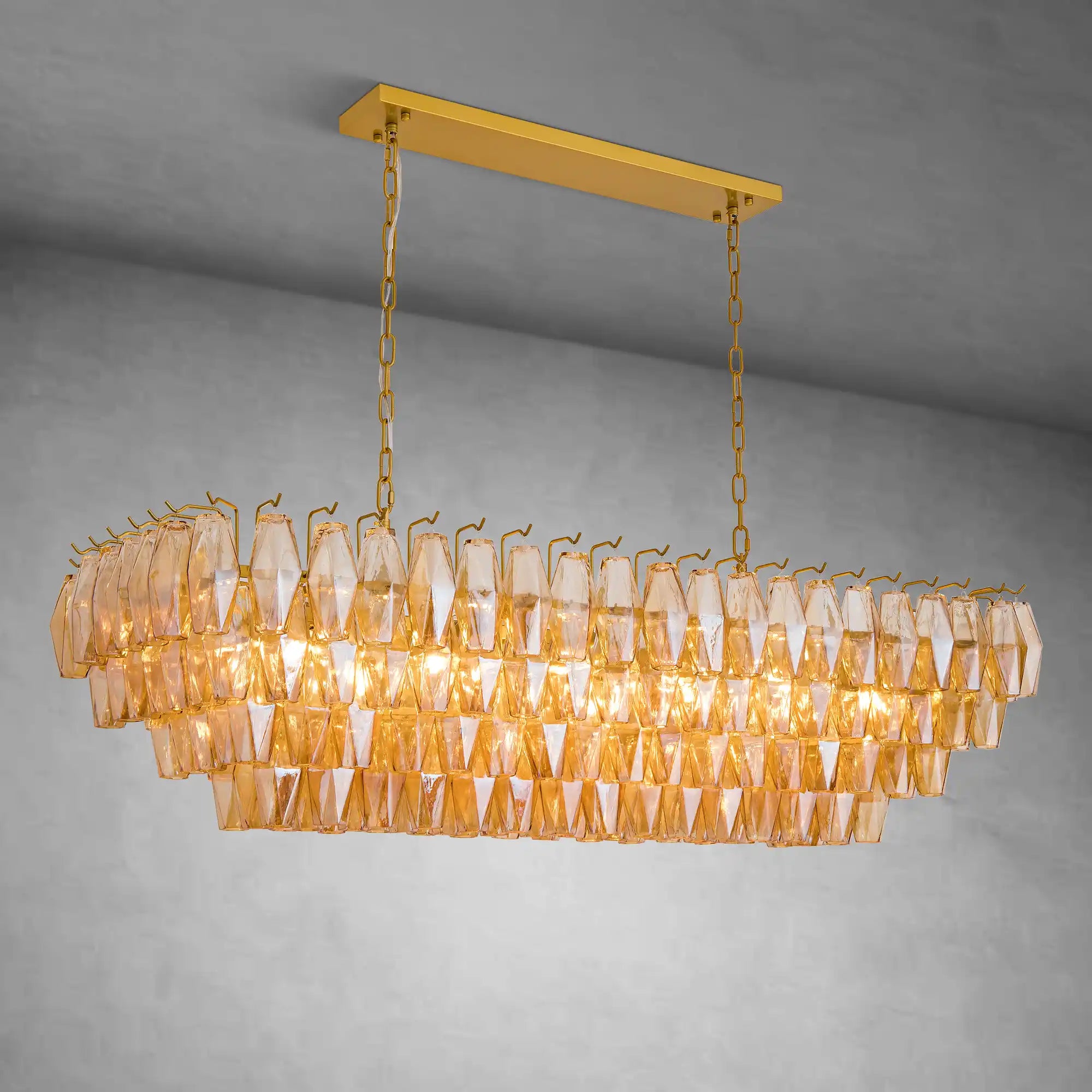 Gold Rectangular 54" 12-Light Smoke Glass Modern Dining Chandelier