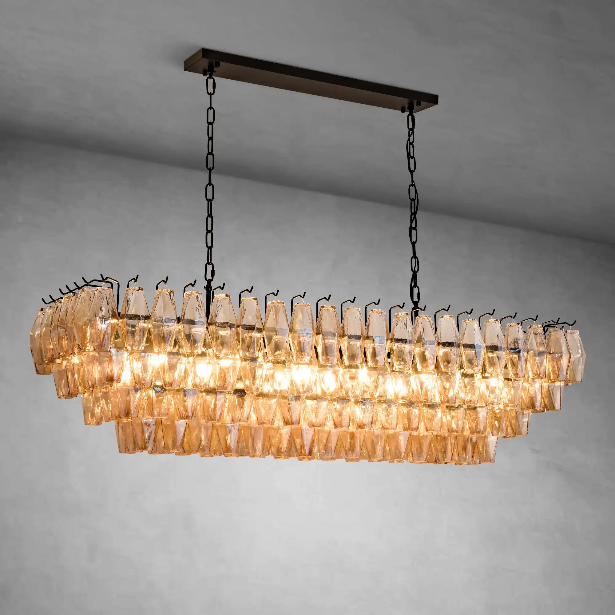 Gold Rectangular 54" 12-Light Smoke Glass Modern Dining Chandelier