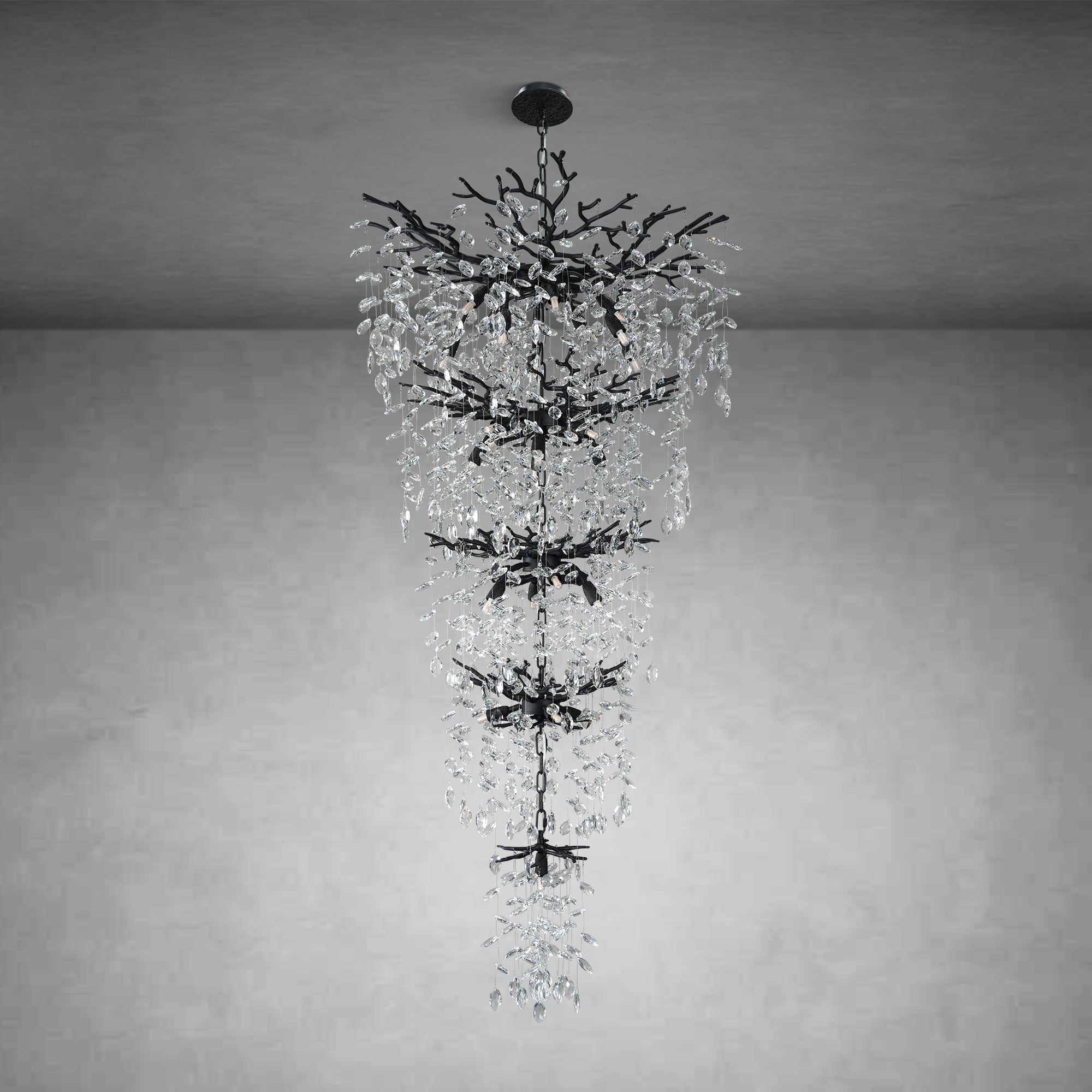 63" Long Crystal Chandelier for High Ceiling, 28-Light Black Tree Branch Chandelier, Modern Large Chandeliers for Staircase, Foyer, Entryway, Living Room, 5-Tier Luxury K9 Raindrop Light Fixture