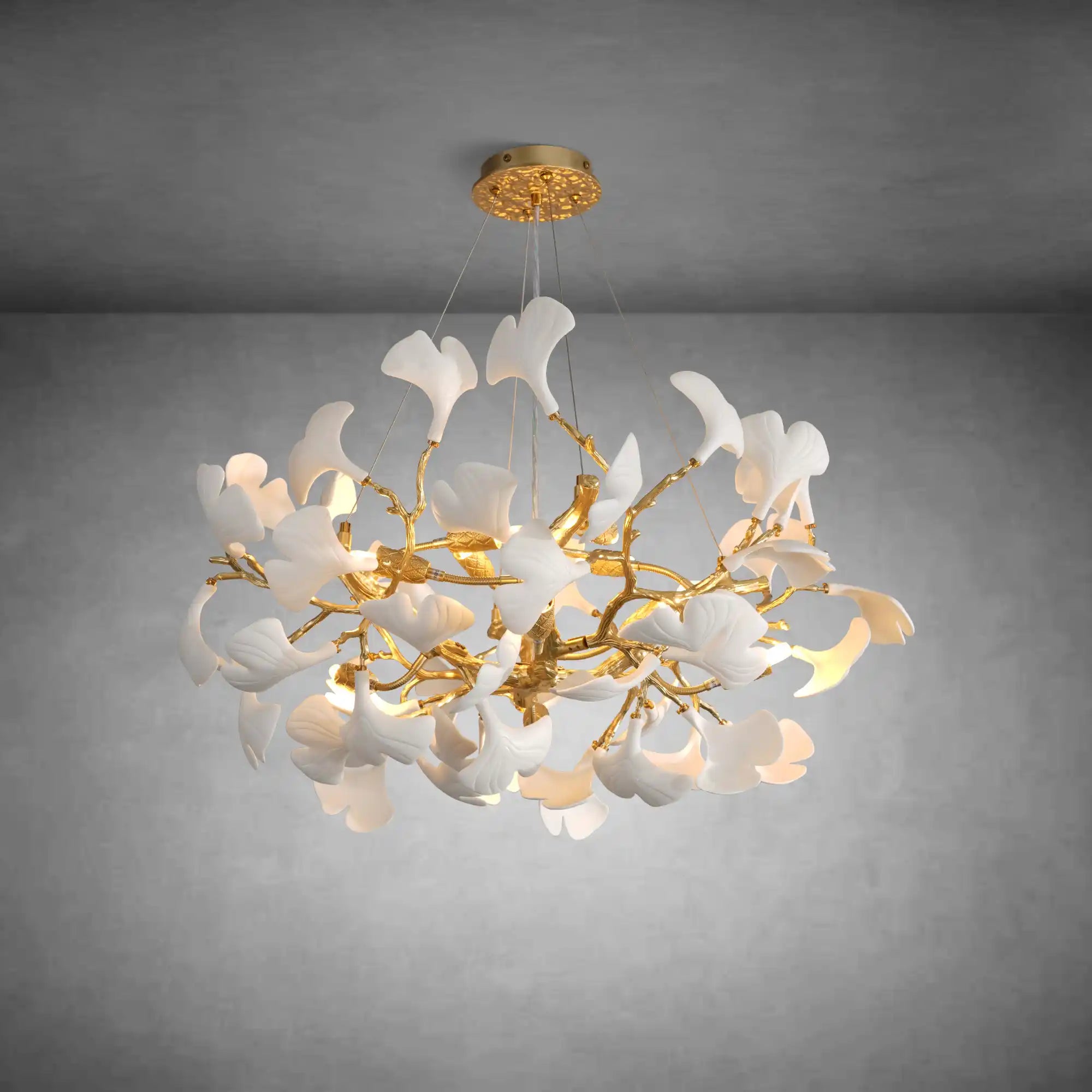 Gold Tree Branch Round Ceramic Ginkgo Leaf Chandelier 32in