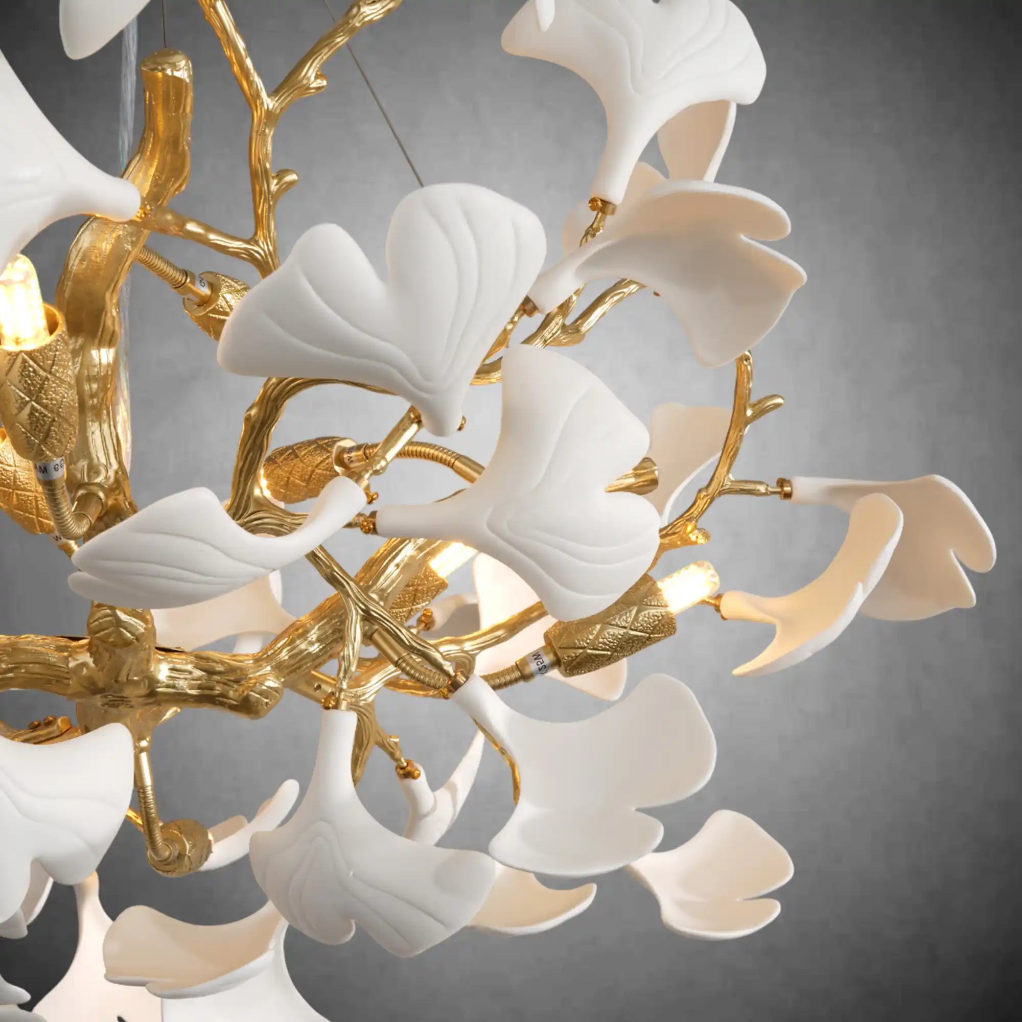 Gold Tree Branch Round Ceramic Ginkgo Leaf Chandelier 32in