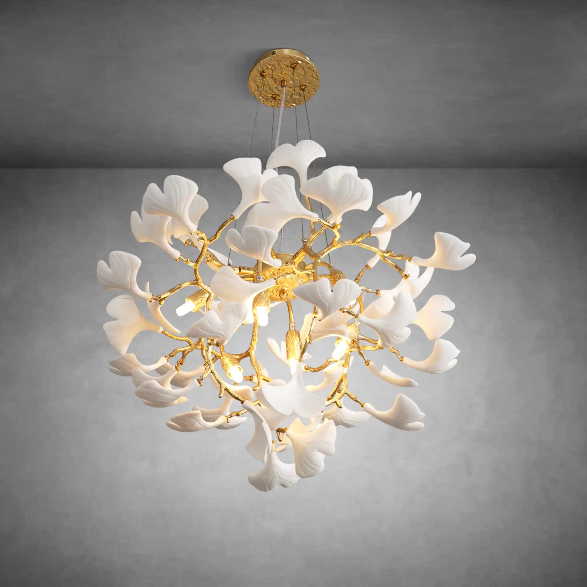 Gold Round Ceramic Ginkgo Leaf Chandelier 21.6"