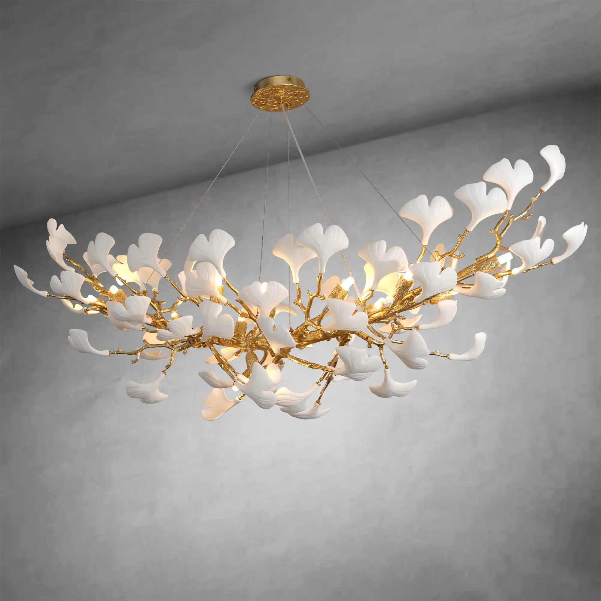 Modern Gold Tree Branch Chandelier for Dining Room, 55-inch Rectangle Ceramic Ginkgo Leaf Chandelier
