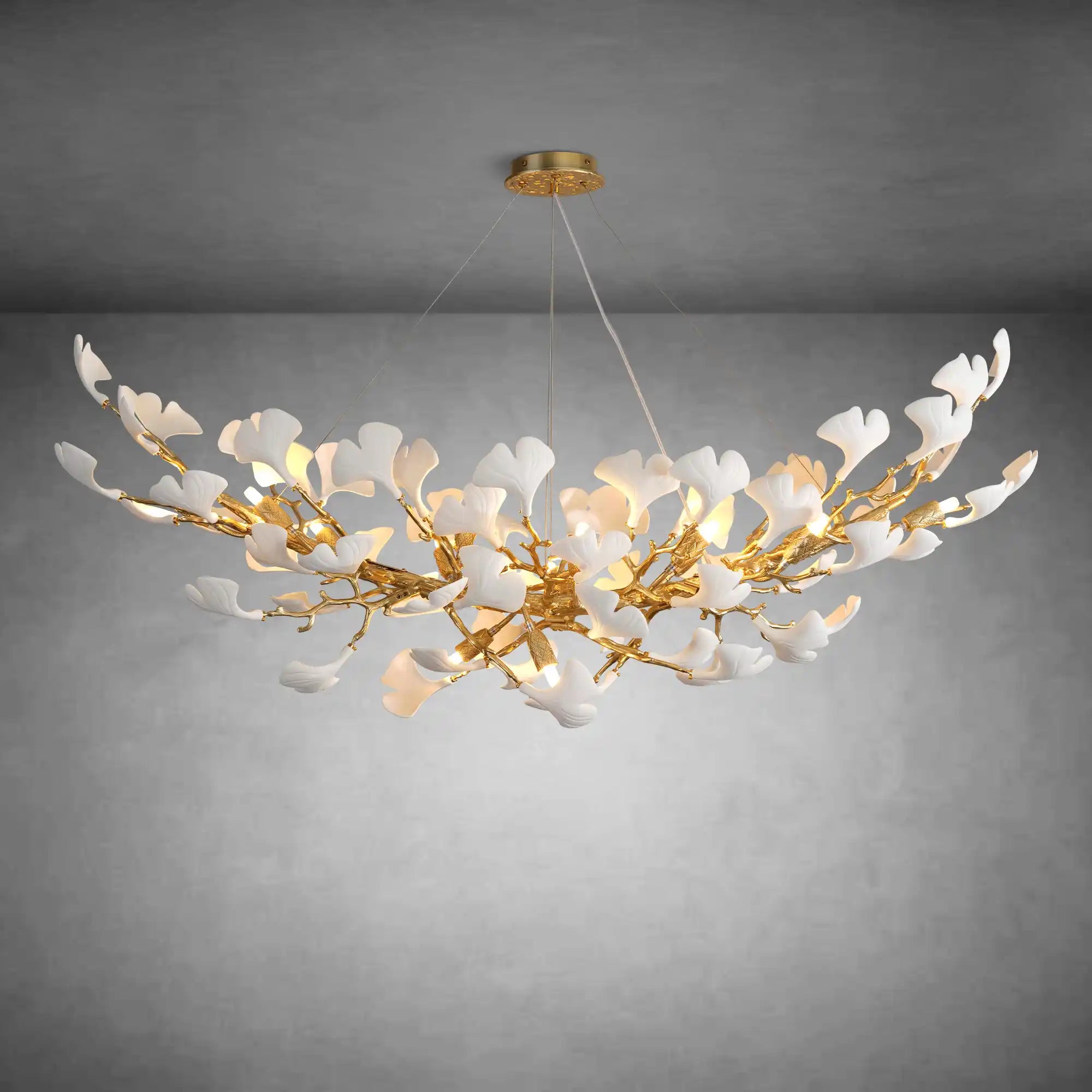 Modern Gold Tree Branch Chandelier for Dining Room, 55-inch Rectangle Ceramic Ginkgo Leaf Chandelier