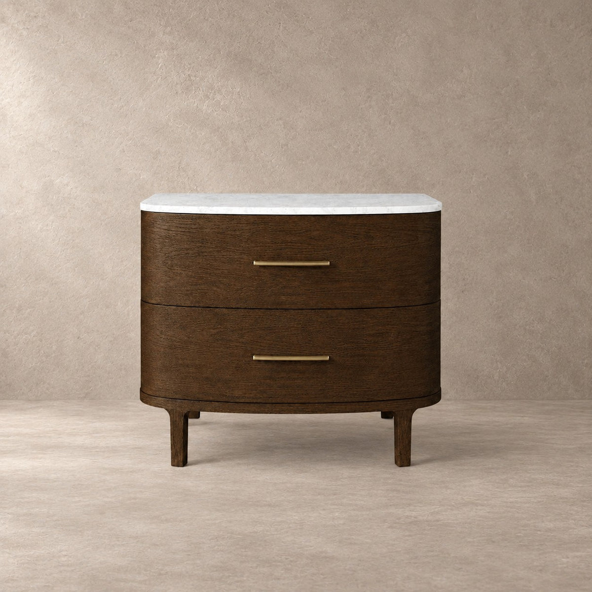 Two-Drawer Marble Top Bedside Table With Brass Pulls