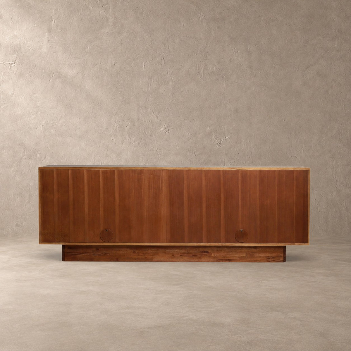Artisanal Wood Storage Console with Fluted Geometric Plinth