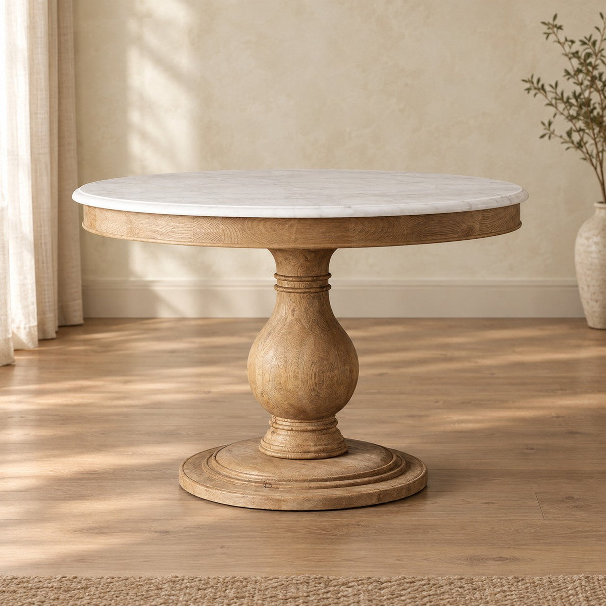 Sculpted Pine Base Round Marble Dining Table