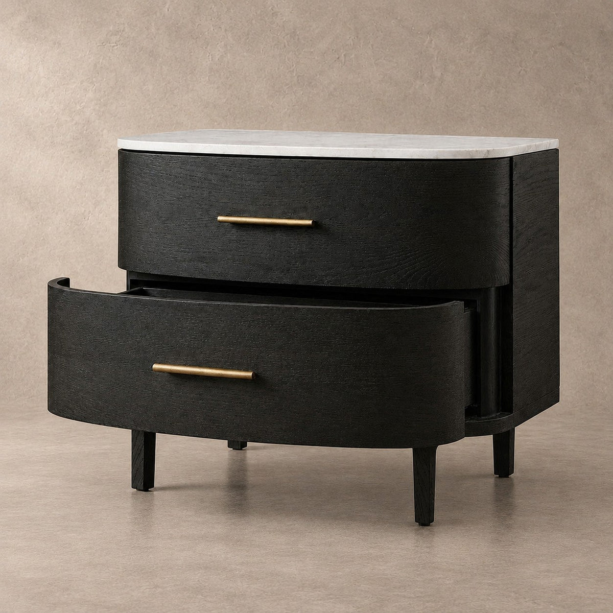 Two-Drawer Marble Top Bedside Table With Brass Pulls