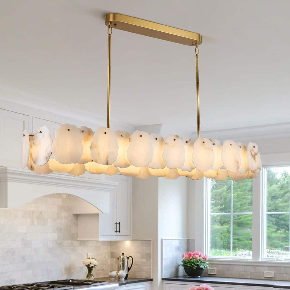 57.8 in. 1-Light Dimmable Integrated LED Brass Alabaster Chandelier, Luxury Large Marble Kitchen Island Chandelier
