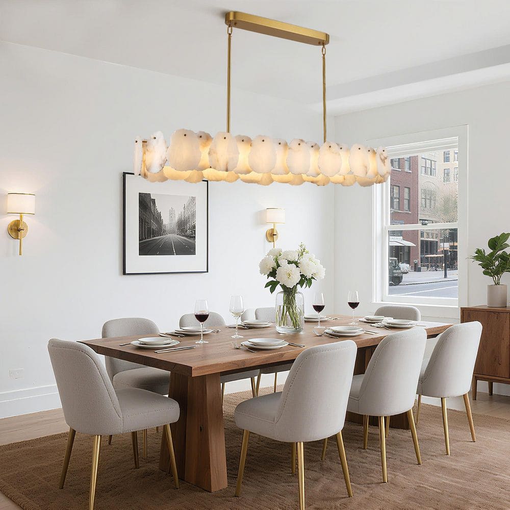 57.8 in. 1-Light Dimmable Integrated LED Brass Alabaster Chandelier, Luxury Large Marble Kitchen Island Chandelier
