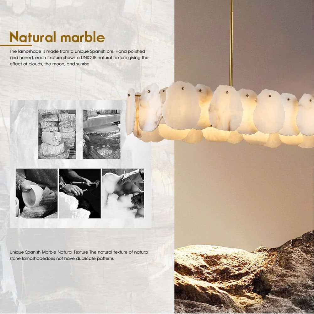 57.8 in. 1-Light Dimmable Integrated LED Brass Alabaster Chandelier, Luxury Large Marble Kitchen Island Chandelier