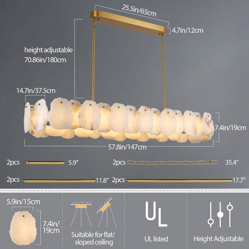 57.8 in. 1-Light Dimmable Integrated LED Brass Alabaster Chandelier, Luxury Large Marble Kitchen Island Chandelier