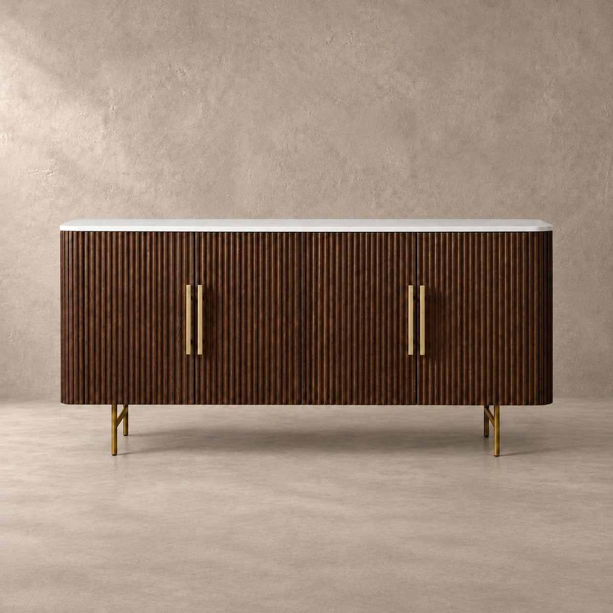 Reeded Wood and Stone Top Credenza