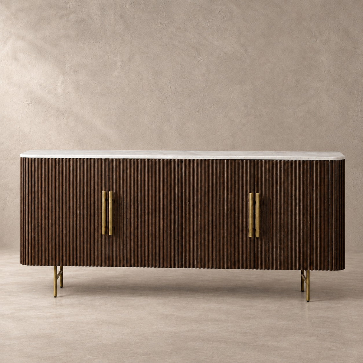 Reeded Wood and Stone Top Credenza