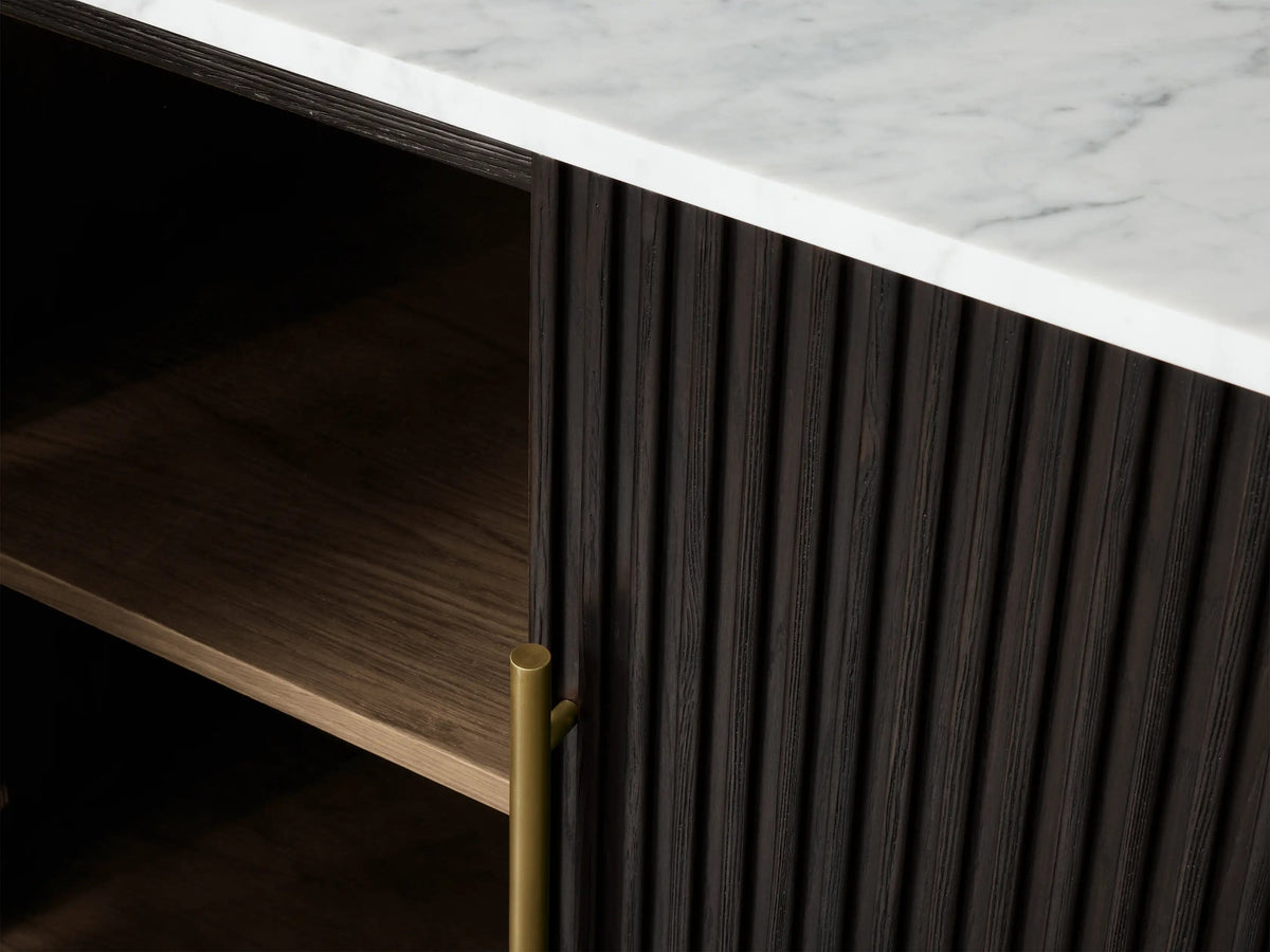 Reeded Wood and Stone Top Credenza