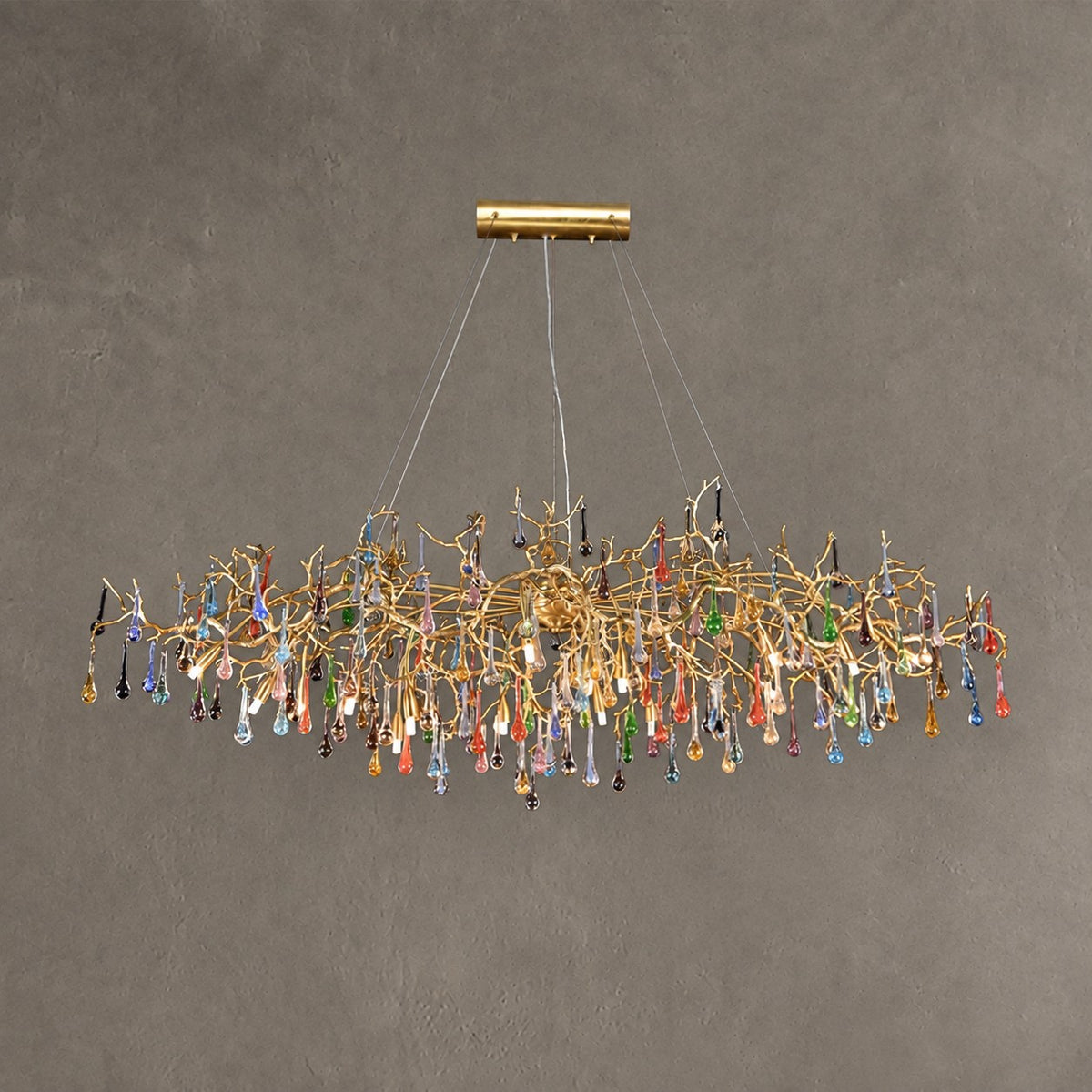 Colorful Raindrop Brass Branch Chandelier with Crystal Accents