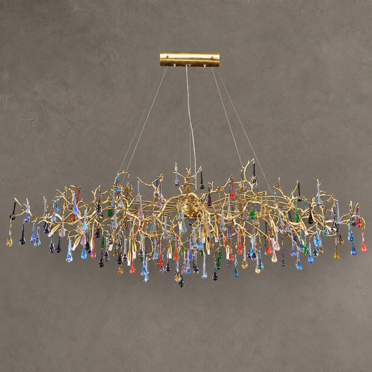 Colorful Raindrop Brass Branch Chandelier with Crystal Accents