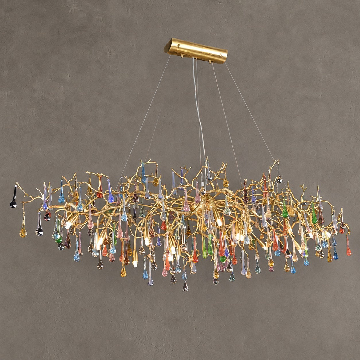 Colorful Raindrop Brass Branch Chandelier with Crystal Accents