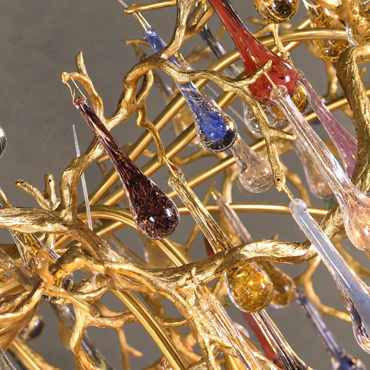 Colorful Raindrop Brass Branch Chandelier with Crystal Accents