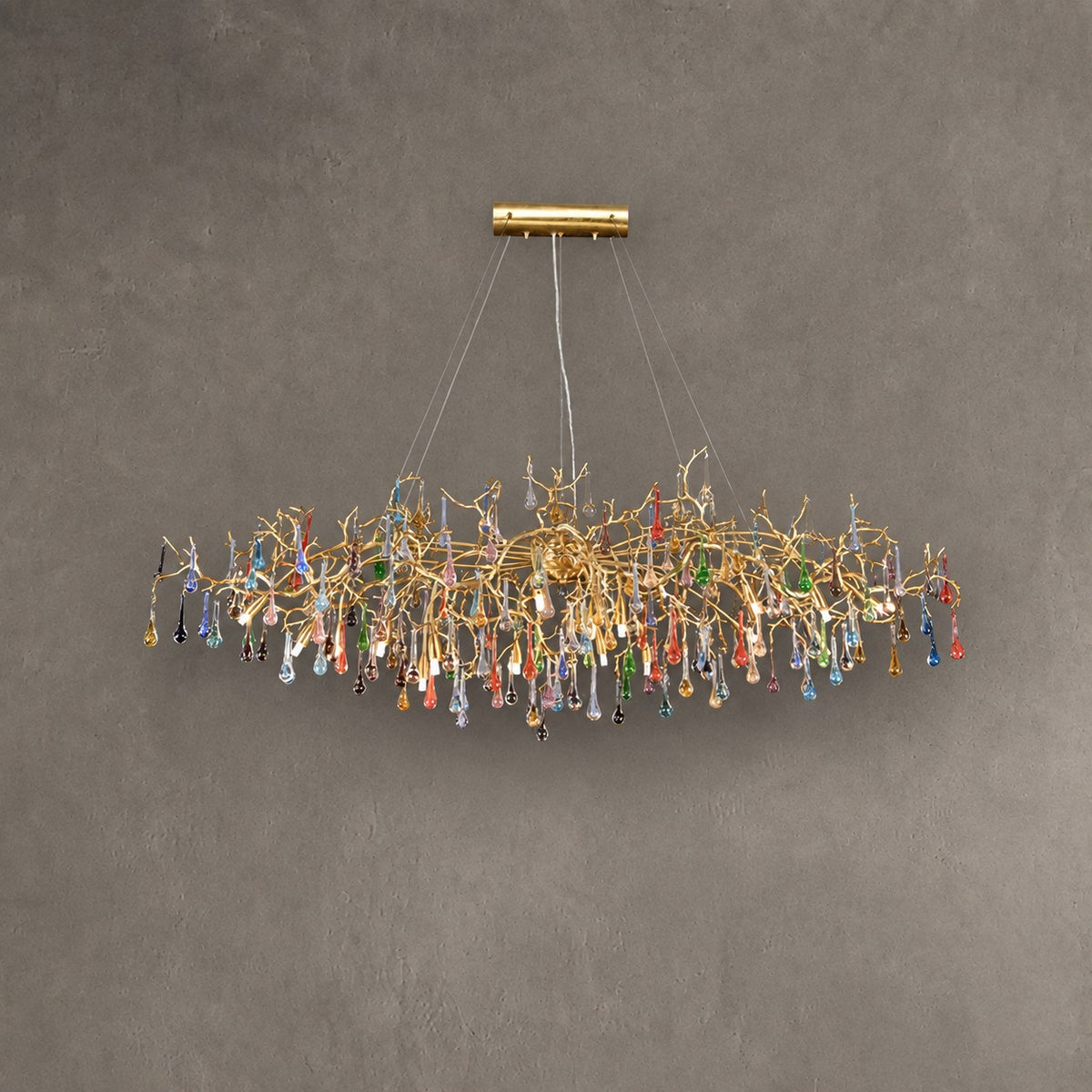 Colorful Raindrop Brass Branch Chandelier with Crystal Accents
