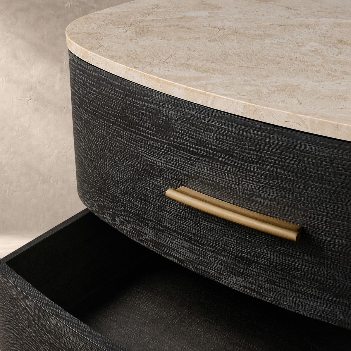Two-Drawer Marble Top Bedside Table With Brass Pulls