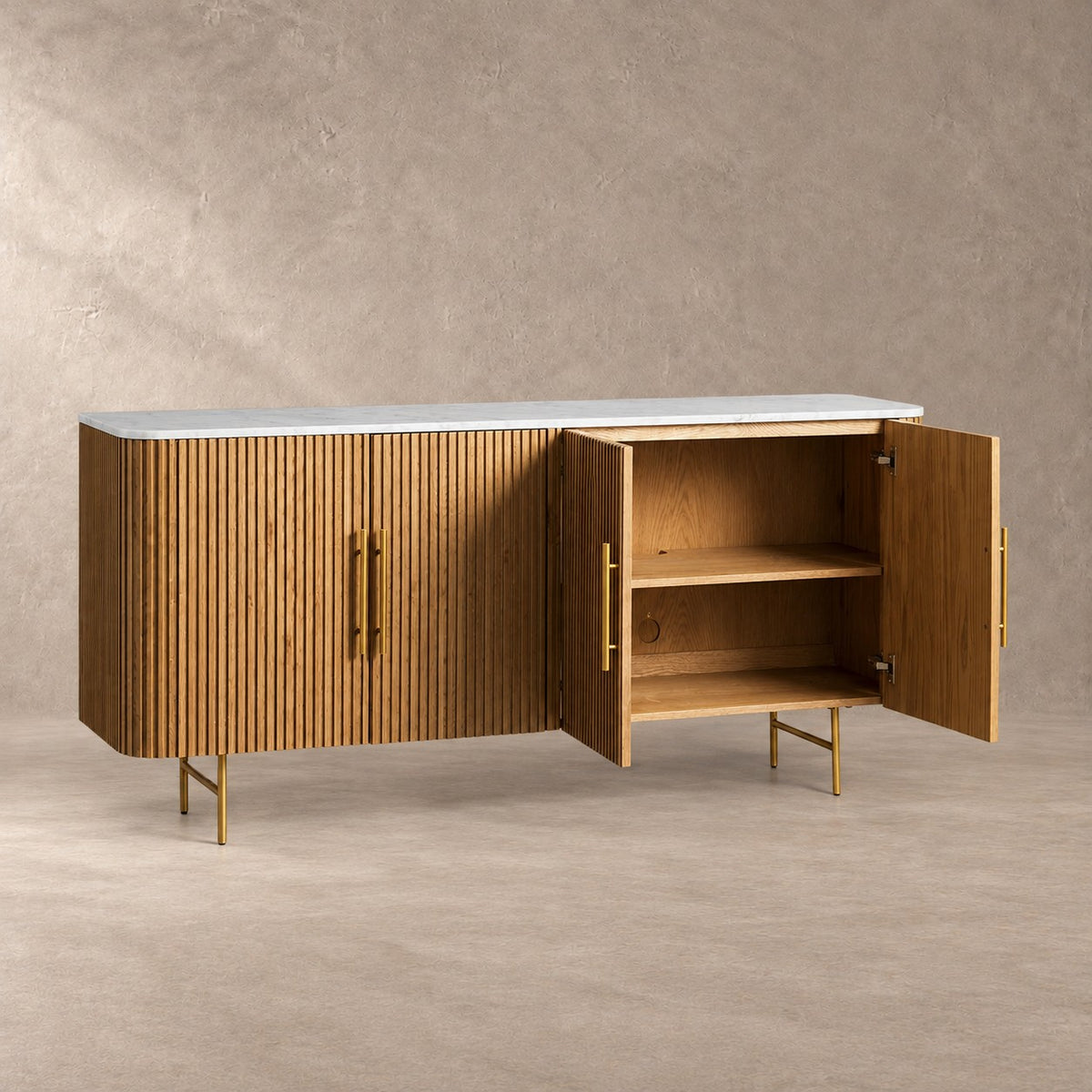 Reeded Wood and Stone Top Credenza