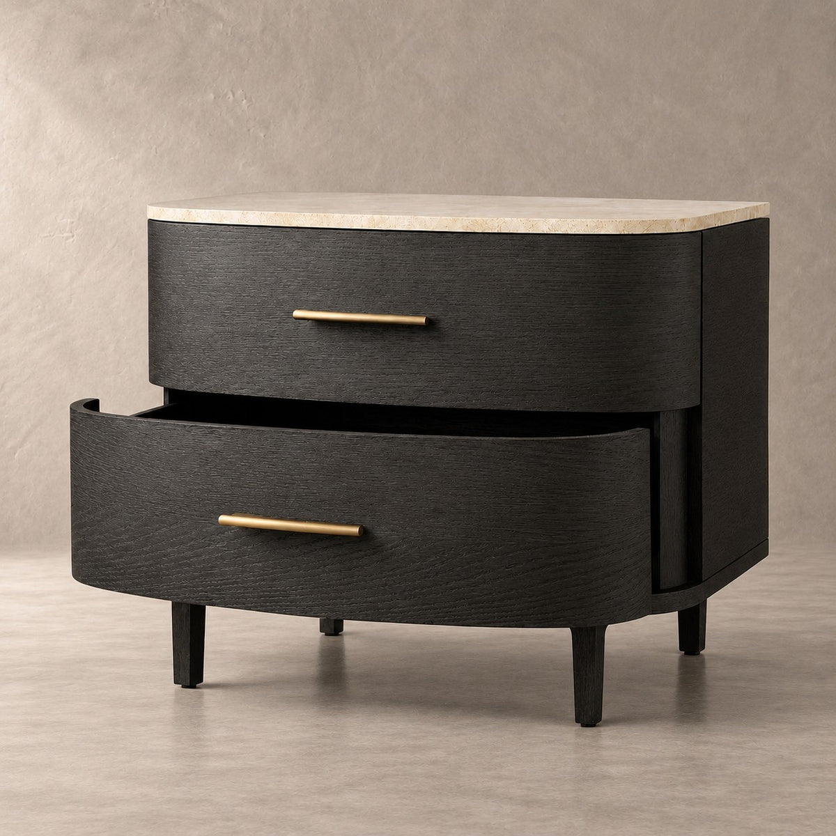Two-Drawer Marble Top Bedside Table With Brass Pulls